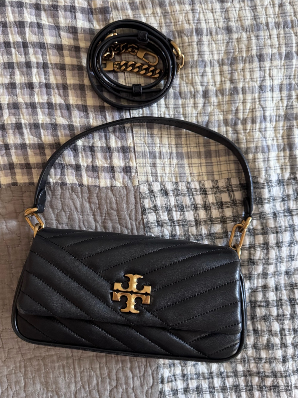 Tory Burch Black Quilted Leather Crossbody with Gold Logo